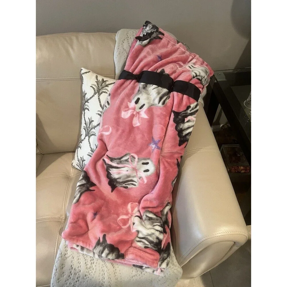 Deco Pink Ghosts With Bows Soft Plush Throw Blanket Halloween Spooky 50x70